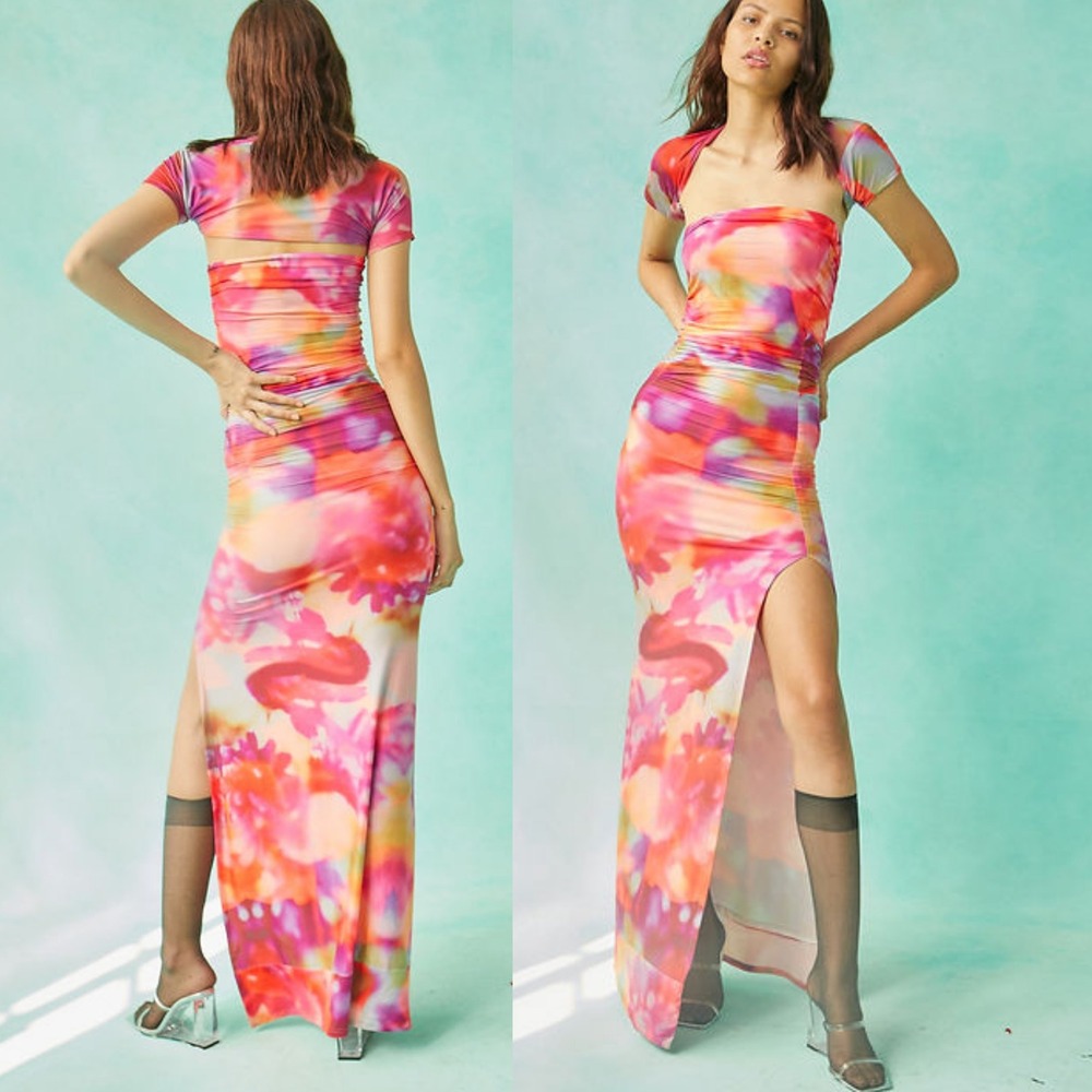 TACH Multicolored Zoriana Printed Dress‎ Stretchy Ruched Maxi Dress Small